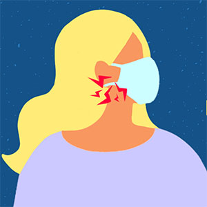 Illustration of masked woman with pain indicator near the cheek indicting a dental emergency